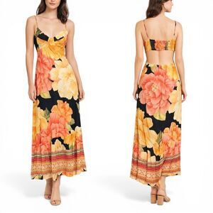 Farm Rio Tropical Floral Cutout Back Maxi Dress Spaghetti Strap Boho Medium